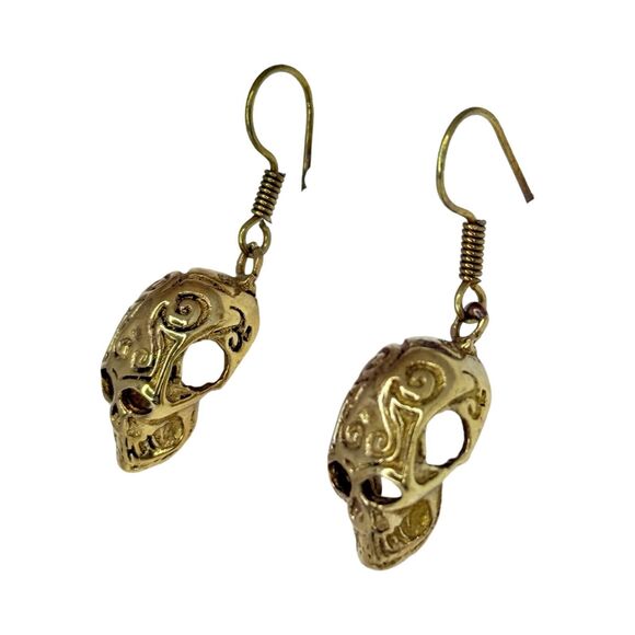 Vintage Gold-Tone Skull Dangle Earrings 1" Rock Punk Skully Goth Halloween - Picture 4 of 9